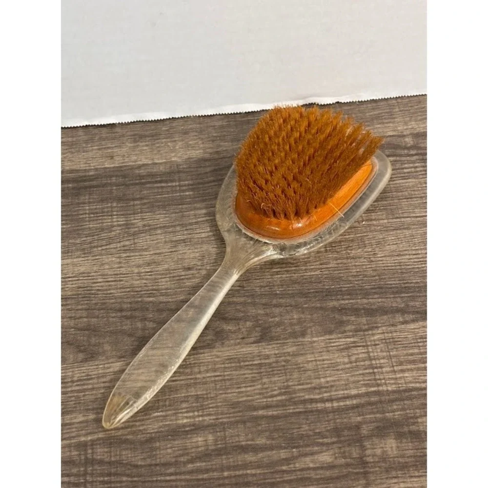 Vintage Lucite Hair Brush Etched Swan Design Clear Plastic Made in USA 10.5 Inch